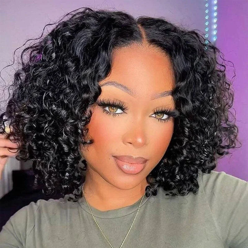 Lace wig with a side - swept bang for a sophisticated lookBouncy Water Wave Glueless Bob Wig Pre Cut 6x5 HD Lace Wear Go Wig Bleached Knots