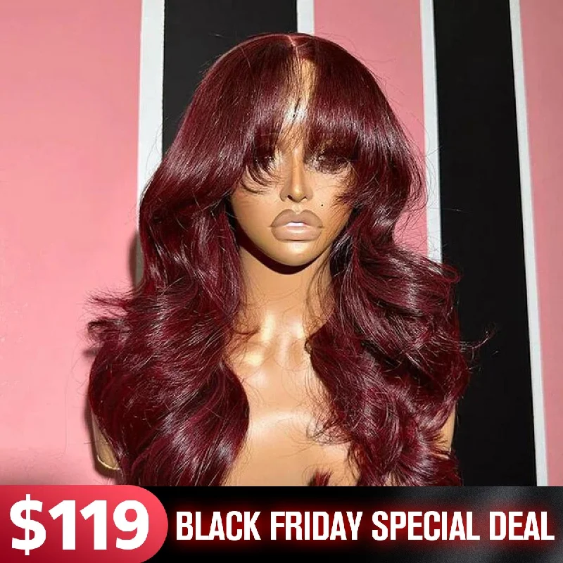 Full - lace wig with a natural - looking hairline for a seamless appearanceCurtain Bangs Layered Wig 99J/Reddish Brown/Dark Brown/Highlight Body Wave Pre Cut 6x5 Lace Wear Go Wig