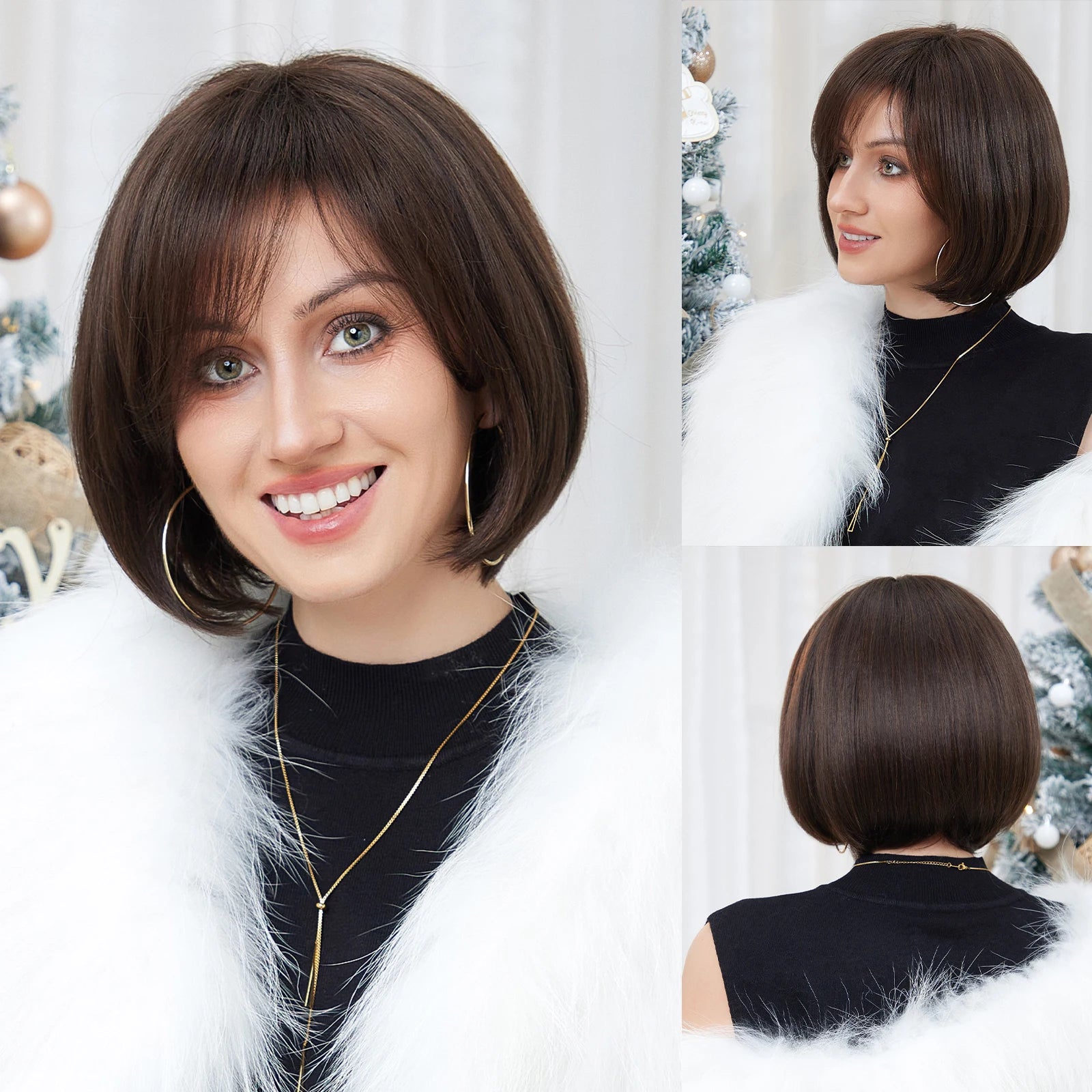 Peruvian - human - hair wig with a soft and manageable feelDark Brown Bob Wig