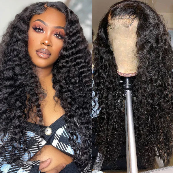 Lace wig with a 13x4 lace frontal for a wide - parting areaUndetectable 13x4 Lace Frontal Deep Wave Human Hair Wig 180% Density Skin Melt HD Lace Wig