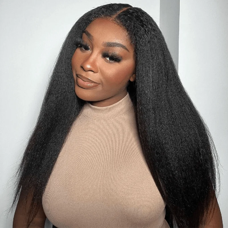 Lace wig with a side - part for a more flattering lookGlueless Natural Kinky Straight 5x5 HD Lace Closure Wig