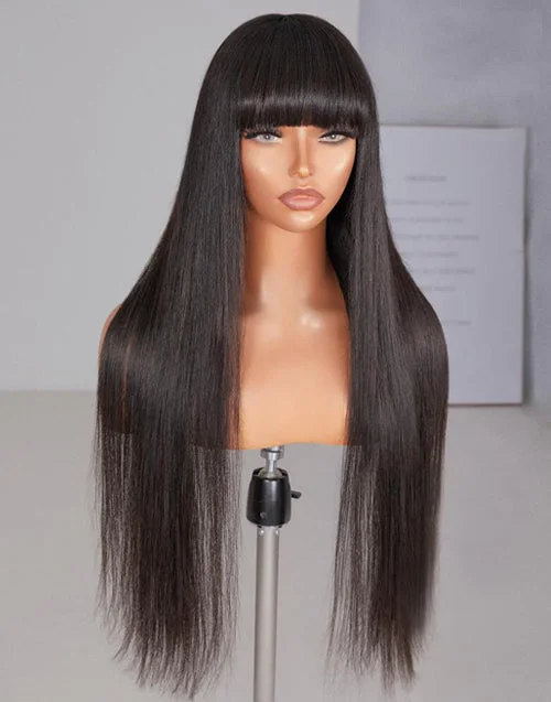 Lace wig with a middle - part for a classic and elegant styleGlueless Silky Straight Human Hair Wigs With Bangs Throw On & Go Workout wigs