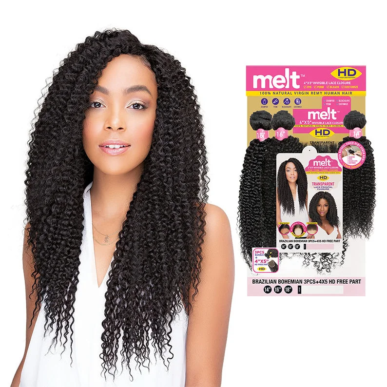 Lace wig with a middle - part for a classic and elegant styleJANET COLLECTION Melt 100% Natural Virgin Remy Human Hair Brazilian Bohemian 3pcs + 4X5 HD Lace Closure