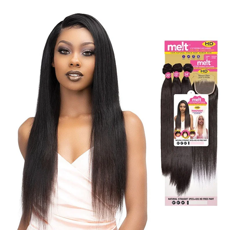 Lace wig with a pre - plucked hairline for a more natural lookJANET COLLECTION Melt 100% Natural Virgin Human Hair Brazilian Straight 3pcs+4x5 HD Lace Closure