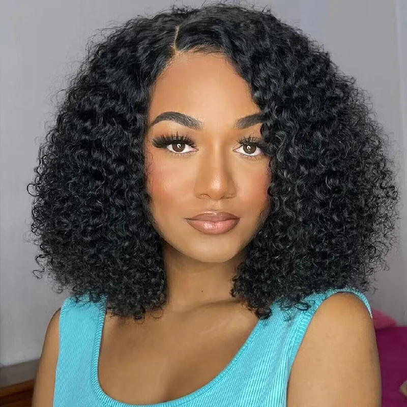 Lace wig in a chocolate - brown color for a rich and warm appearanceWear & Go Kinky Curly 6x5 Lace Closure Short Wig Glueless Pre-Cut Lace Wig