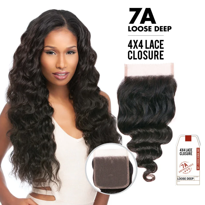 Human - hair lace wig for a luxurious and natural feelSENSATIONNEL BARE & NATURAL 7A Virgin Remi Lace Closure 4X4 Loose Deep