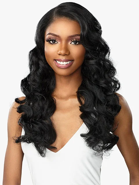 Lace wig in a chocolate - brown color for a rich and warm appearanceSensationnel Human Hair Blend HD Butta Lace Front Wig - LOOSE DEEP 24