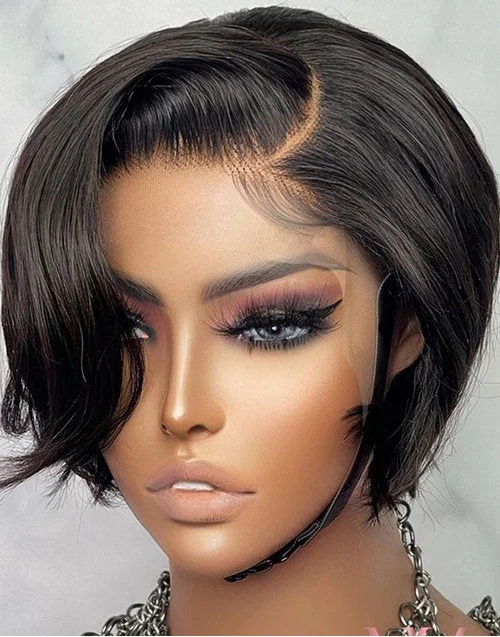 Lace wig with a 200 - density for a full and thick appearanceShort Pixie Cut Lace Front Part Human Hair Wigs