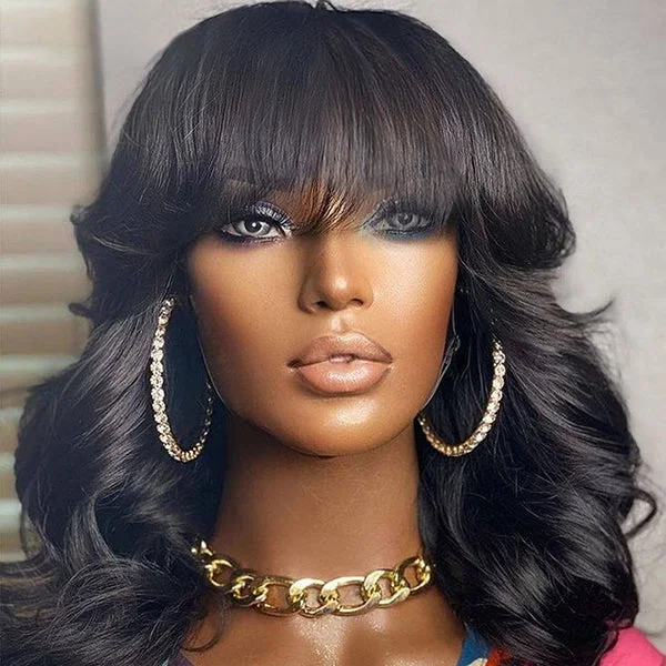 Brazilian - human - hair wig with a full and voluminous lookGlueless Beginner Friendly Soft Wavy Curls Bob Wig With Bangs 100% Human Hair