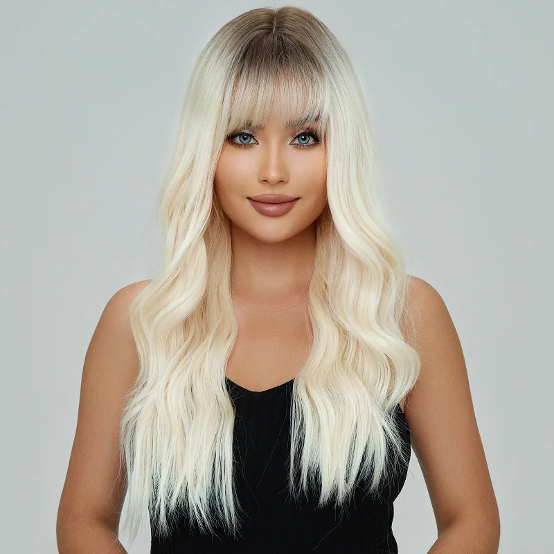 Long - length wig with a wispy fringe for a soft and feminine look22 Inches Beach Waves Synthetic Wig - Zoey