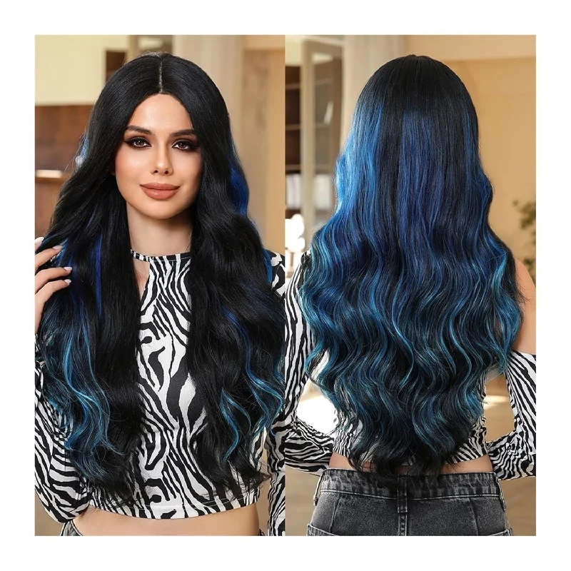 Long - length wig with a straight texture for a sleek and glamorous lookHaircube T-Part Lace Front Wig: Long Curly Wig with Black and Blue Highlights – Stylish Mid Split Design