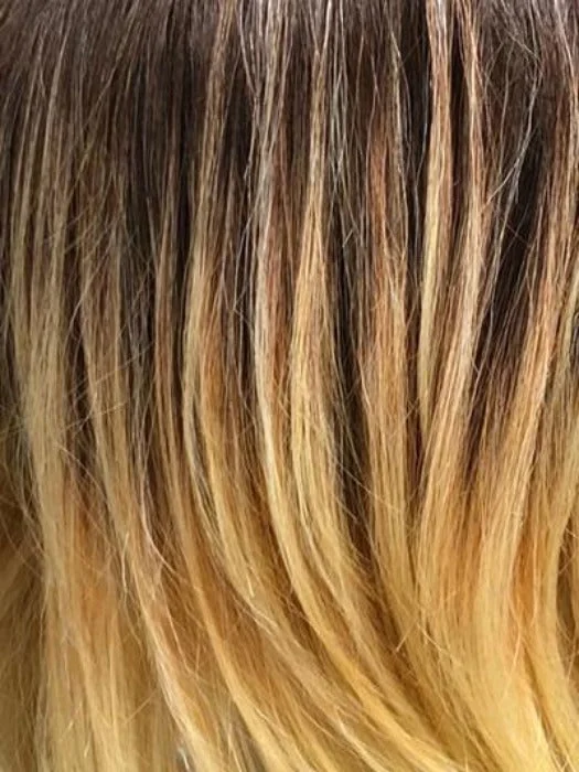 SWEET MANGO | Long Medium Brown Roots gradually transition into a Blend of Medium Golden Blonde & Light Auburn