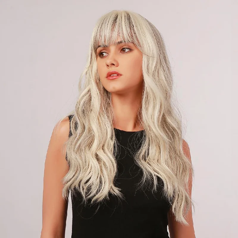 Long - length wig with a middle - part for a classic and elegant style19 Inches Warm platinum blonde Synthetic Wigs